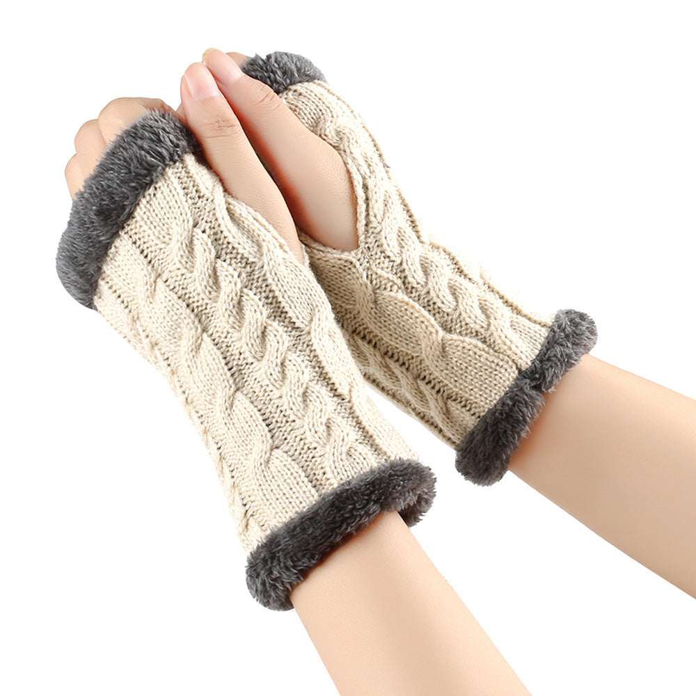 Winter Plush Gloves Twist Knitted Fingerless Fleece Gloves Women Warm Thickened Woolen Gloves - globaltradeleader