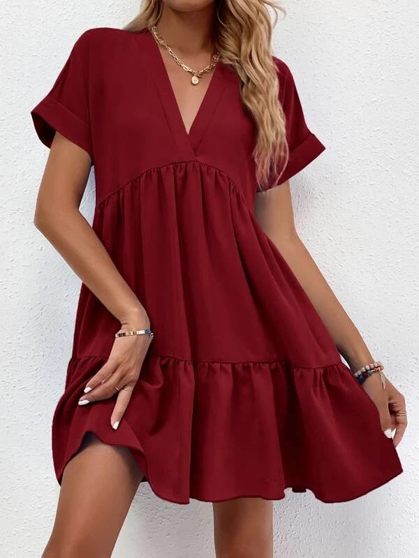 New Short-sleeved V-neck Dress Summer Casual Sweet Ruffled Dresses Solid Color Holiday Beach Dress For Womens Clothing - globaltradeleader