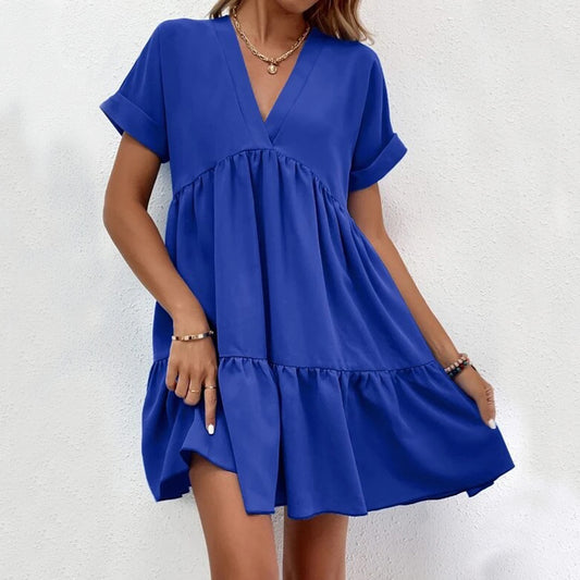 New Short-sleeved V-neck Dress Summer Casual Sweet Ruffled Dresses Solid Color Holiday Beach Dress For Womens Clothing - globaltradeleader