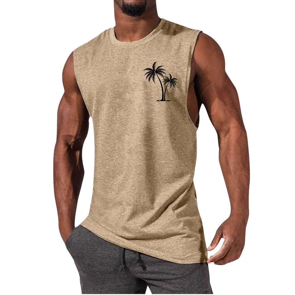 Coconut Tree Embroidery Vest Summer Beach Tank Tops Workout Muscle Men Sports Fitness T-shirt - globaltradeleader