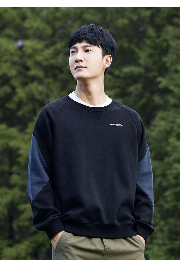 Round Neck Sweater Men's Cotton Stitching Contrast Color Pullover