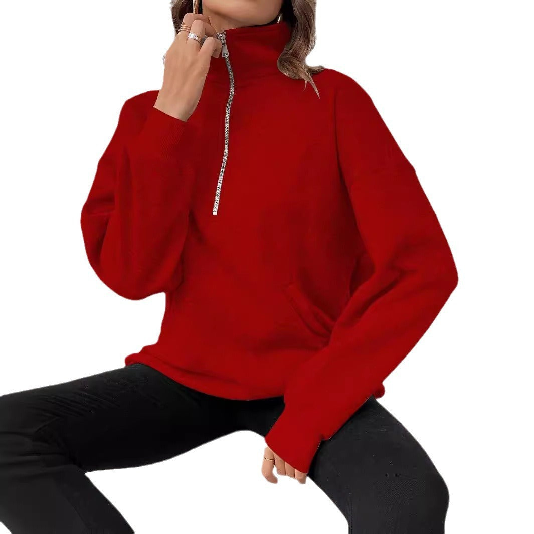 Polo Collar Solid Color Casual Women's Hoodie - globaltradeleader
