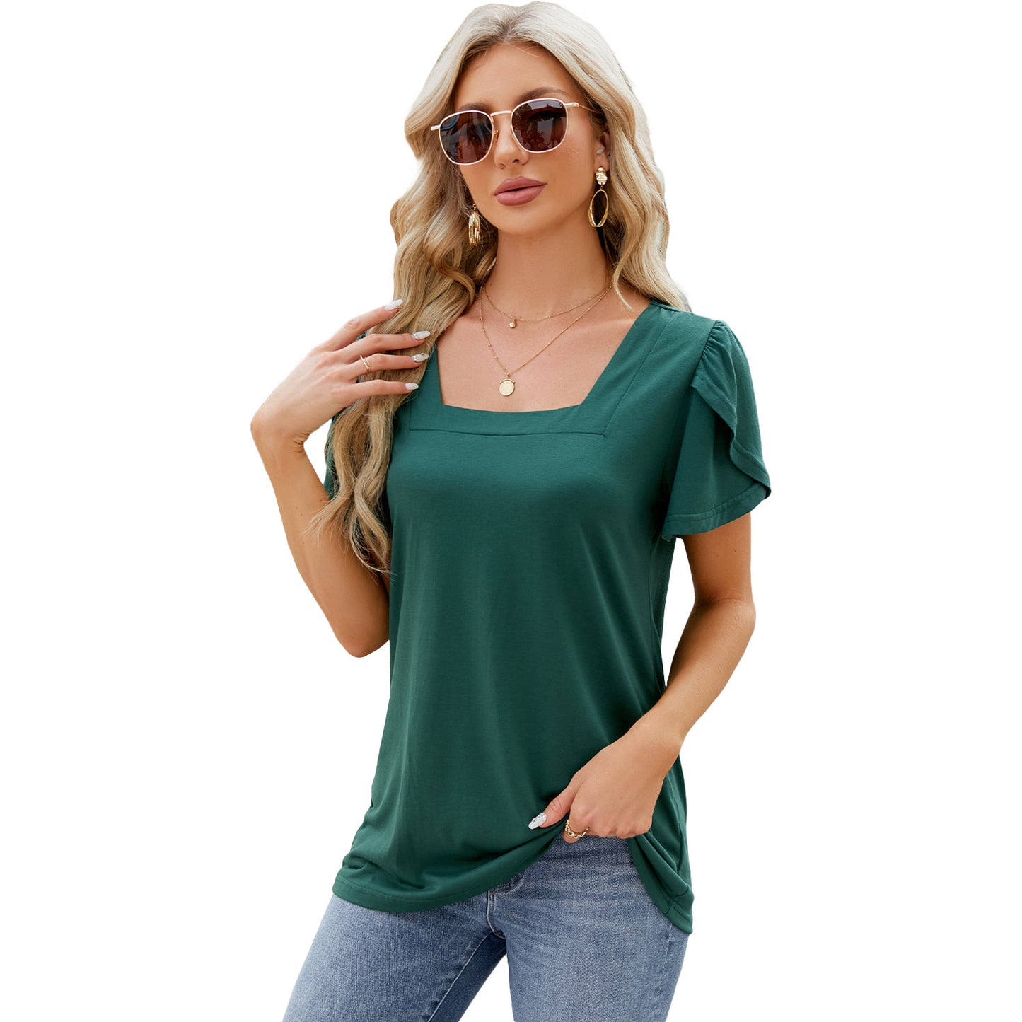 Summer Top Fashion Square Neck Printed Short-sleeved T-shirt With Petal Sleeve Design Bohemian Beach Loose T-shirt For Womens Clothing - globaltradeleader