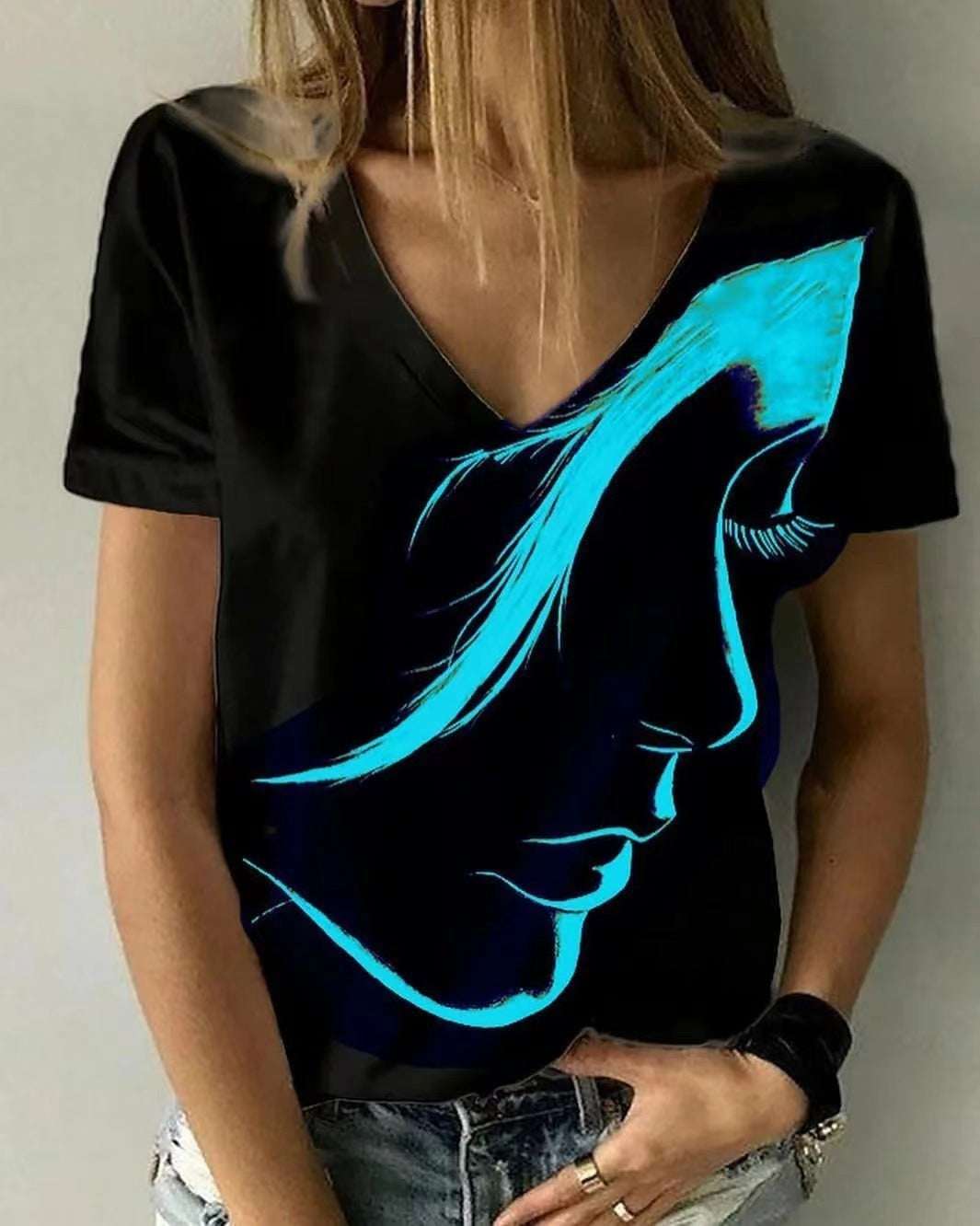 Fashion Women's Wear Abstract Portrait T-shirt Print Summer V-neck Shirt - globaltradeleader