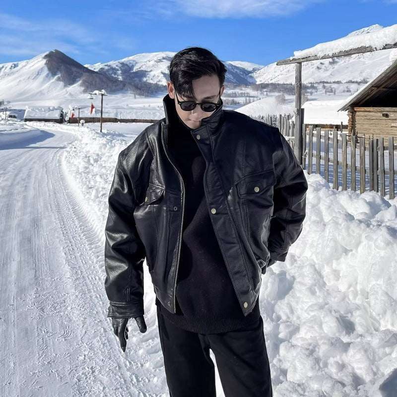 Lapel Casual Handsome Loose Motorcycle Leather Jacket Coat - globaltradeleader