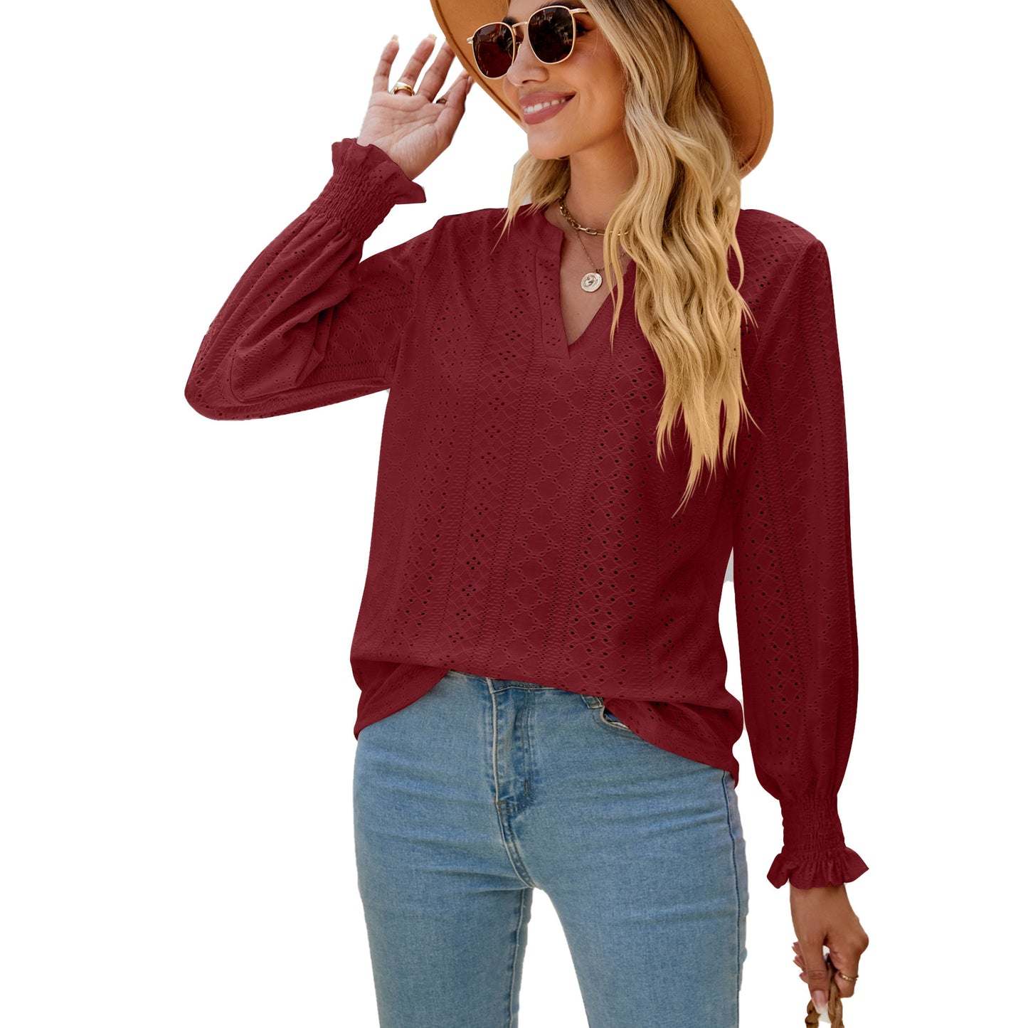 Solid Color Hollow-out Pleated Ruffle Shirts Sleeve V-neck Loose Long Sleeve Tops Women - globaltradeleader