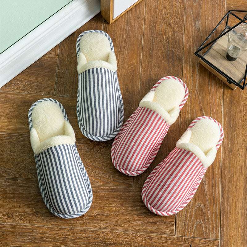 Fashion Striped Printed Slippers For Women Autumn And Winter Warm Non-slip Thick Sole House Shoes Men's Indoor Plush Shoes - globaltradeleader