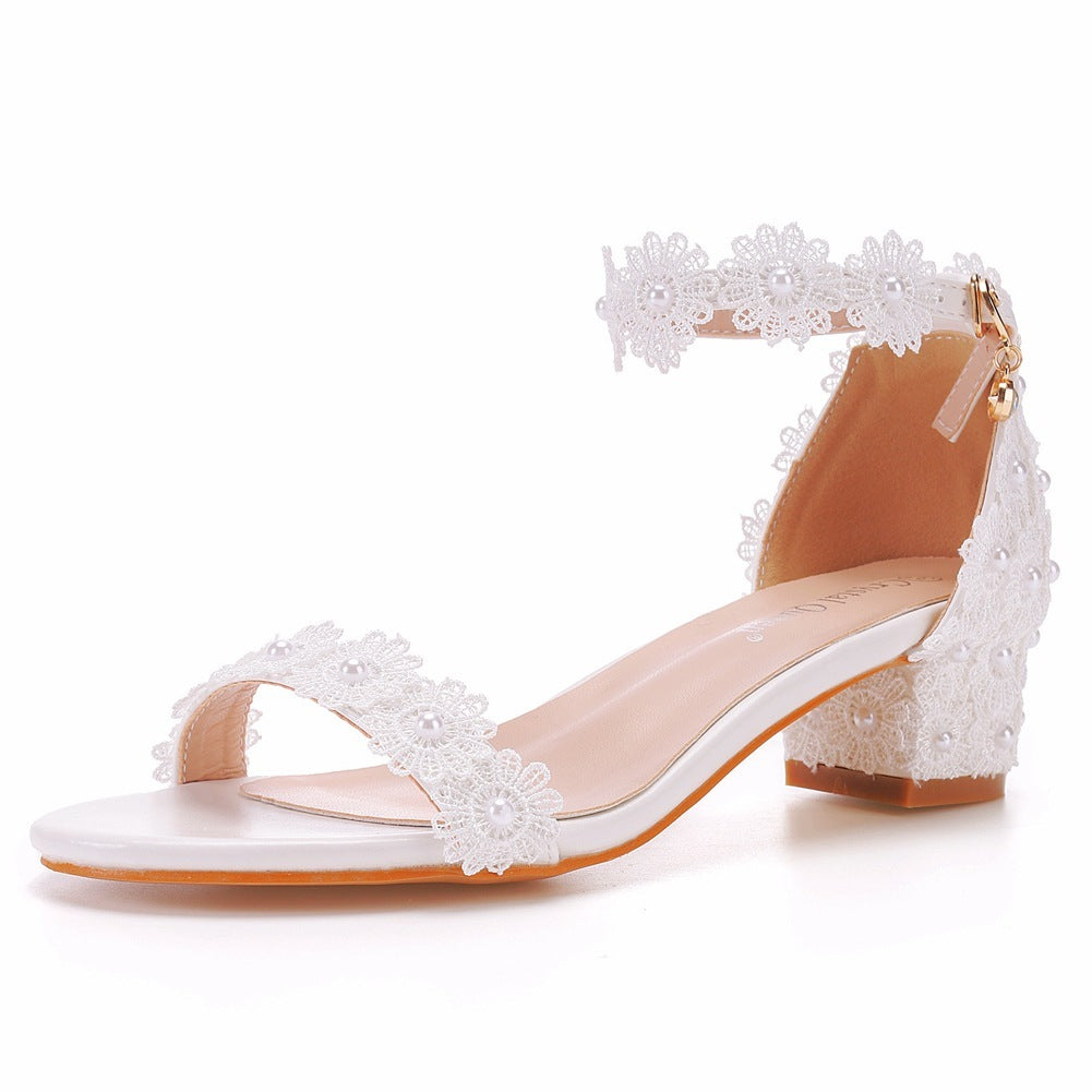 4cm Chunky Heel Low-cut Word With Beaded Square Heel Sandals - globaltradeleader