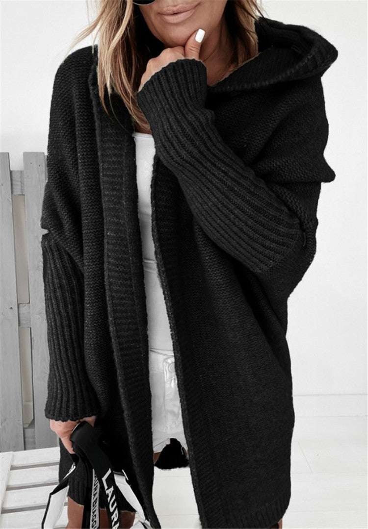 Fashion Bat Sleeve Hooded Cardigan Oversized Loose Temperament Solid Color Sweater Womens Clothing - globaltradeleader