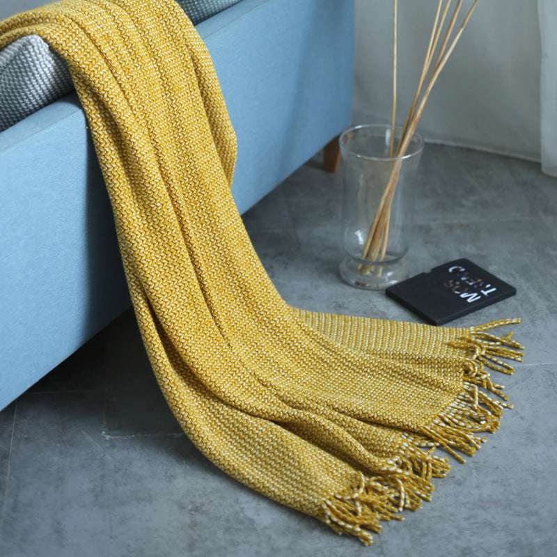 Solid Color Knitted Fringed Wool Sofa Blanket