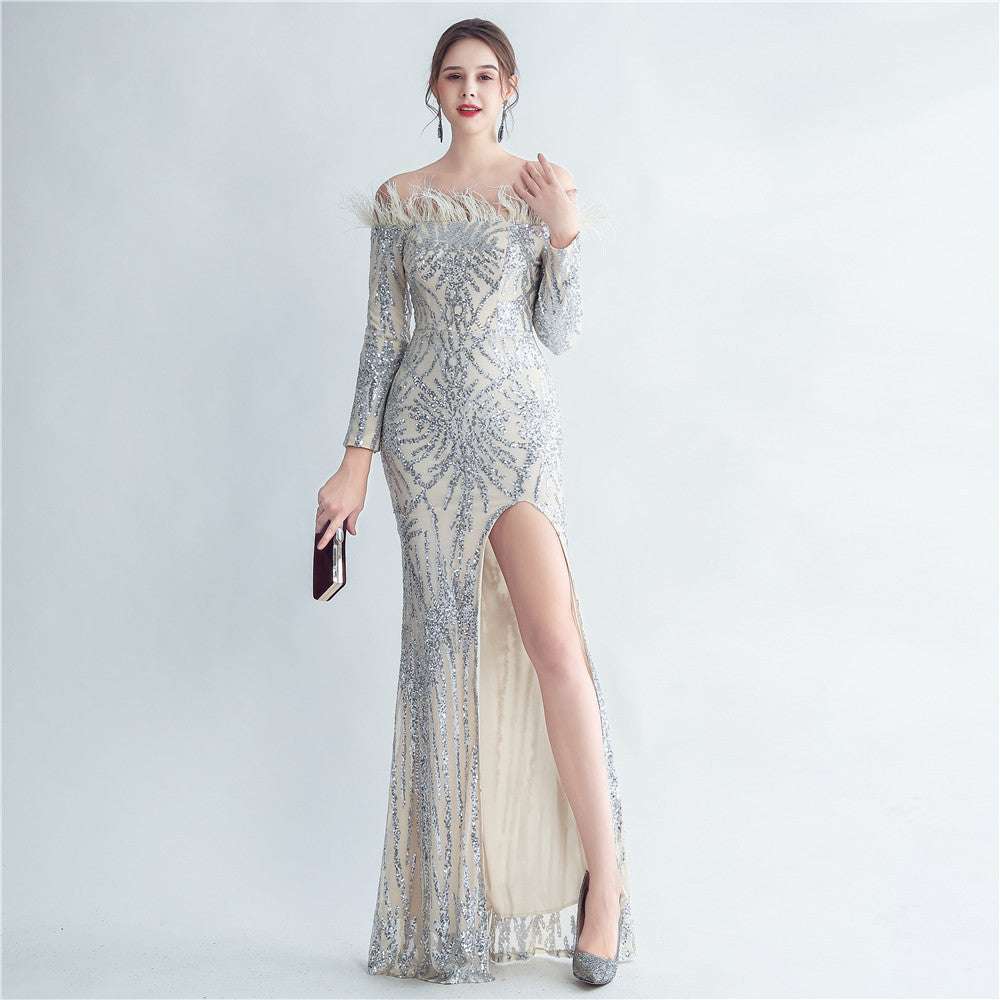 High-density Ostrich Feather Sequins Off-shoulder Long Sleeve Fishtail High-end Evening Dress - globaltradeleader