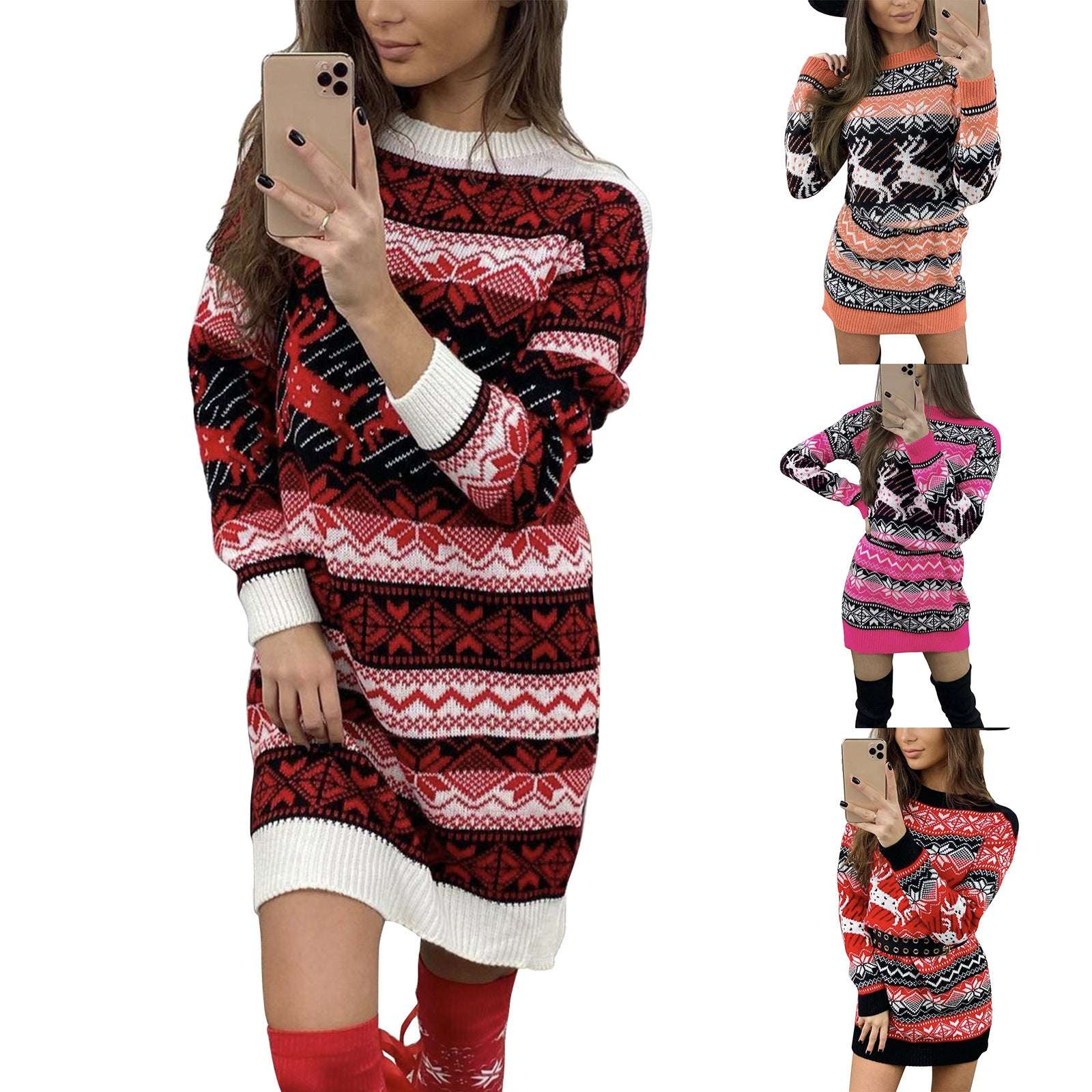 Elk Christmas Jacquard Long Sleeve Woolen Dress