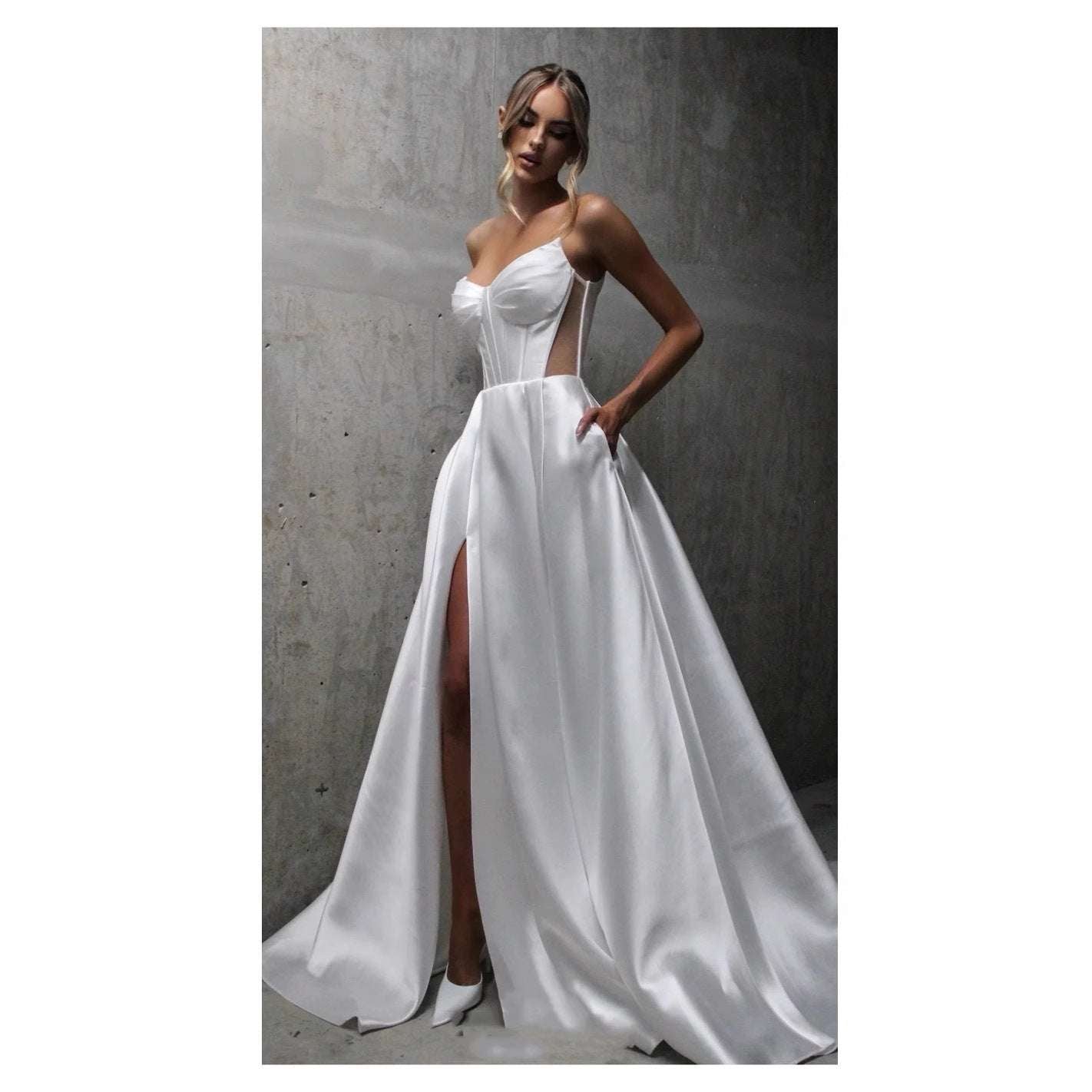 White Satin Slit Pocket Bandage Wedding Dress - globaltradeleader