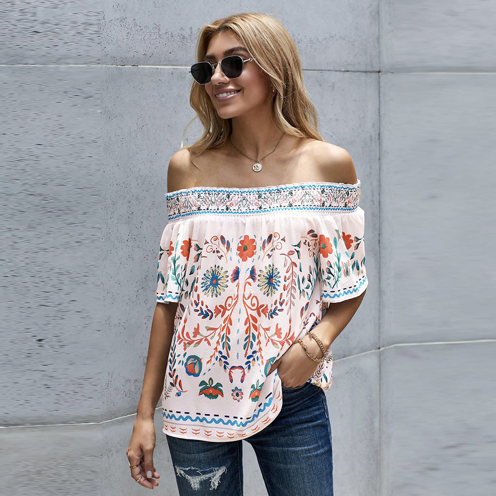 Women's Printed T-shirt Loose Off Shoulder Top - globaltradeleader