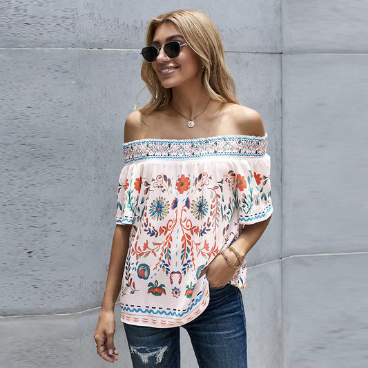 Women's Printed T-shirt Loose Off Shoulder Top - globaltradeleader