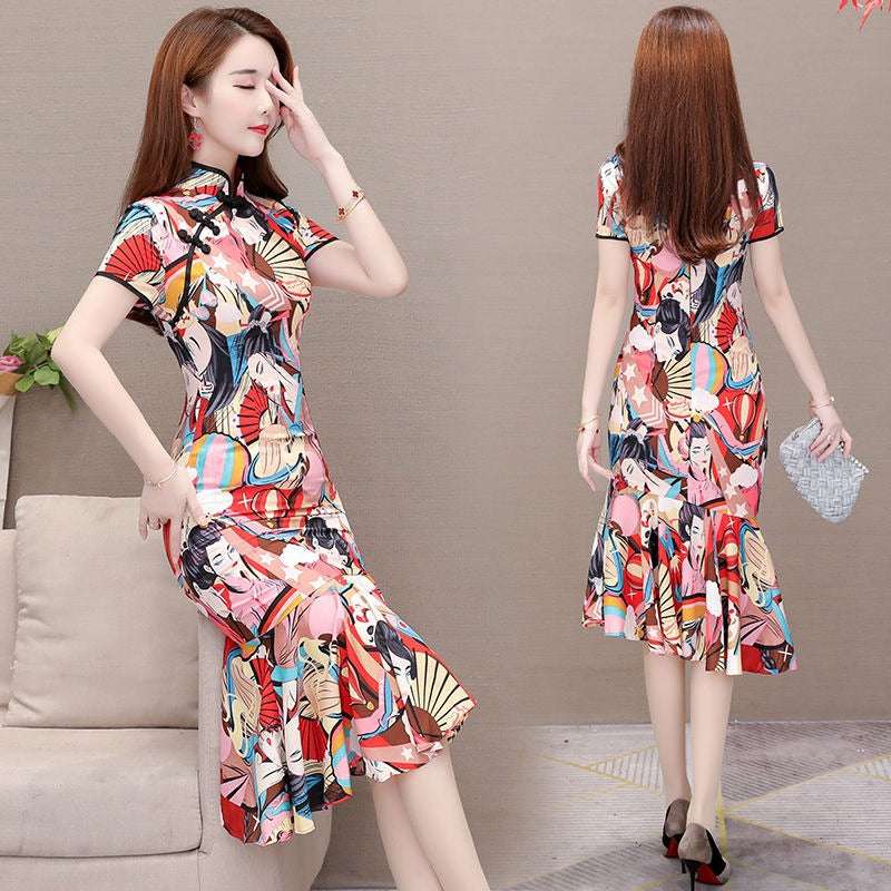 Women's Printed Graffiti Cheongsam Dress