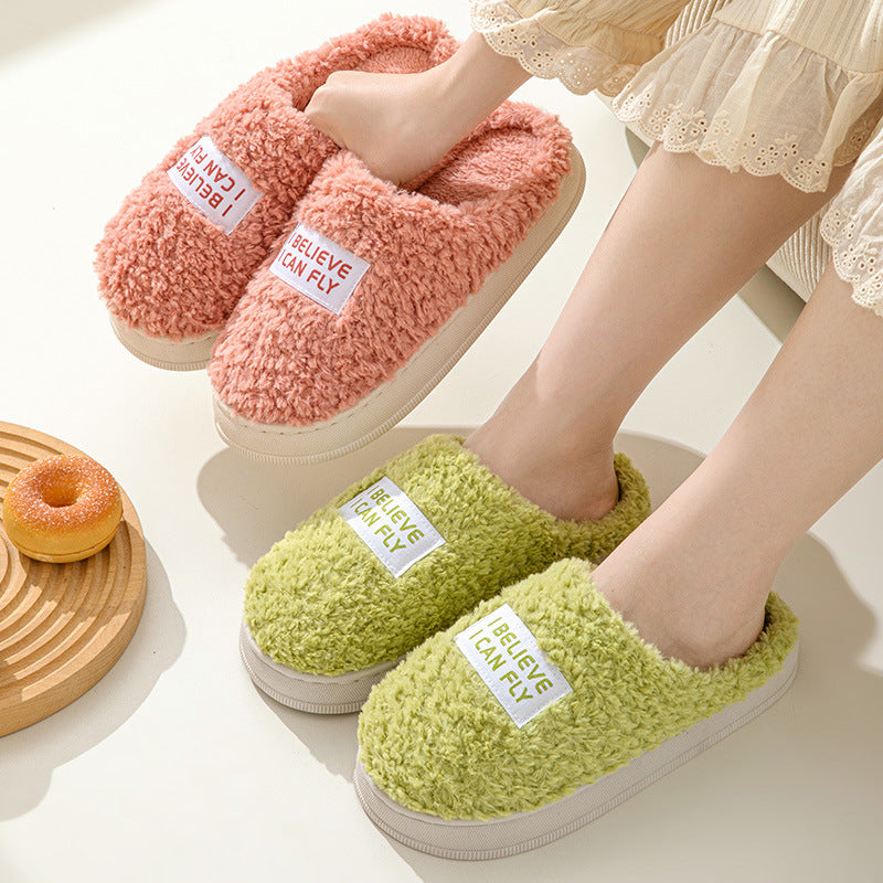 Letter Design Thick Sole Home Slippers Indoor Outside Slides Winter Warm Fluffy Slippers Non-Slip Fur Cotton Shoes Ladies Couples