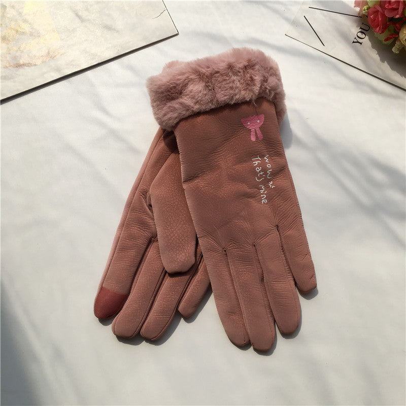Autumn And Winter Women's Riding Gloves Korean Style Alphabet Cartoon Warm Double Layer Fleece-lined - globaltradeleader