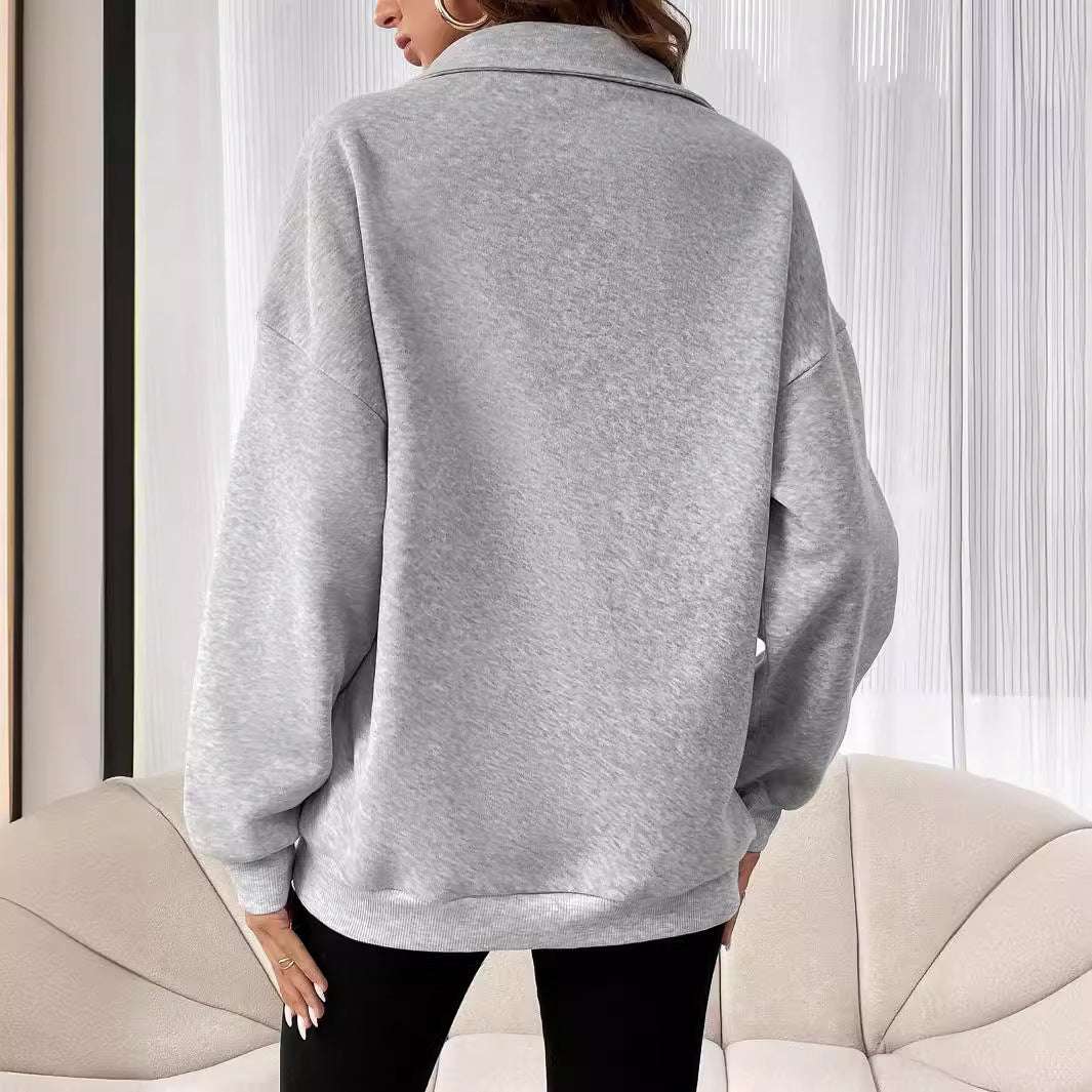 Polo Collar Solid Color Casual Women's Hoodie - globaltradeleader