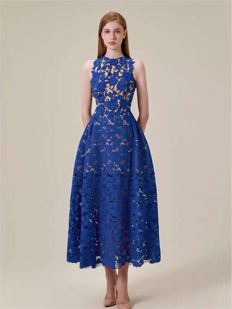 Heavy Work Lace Dress Klein Blue Embroidery