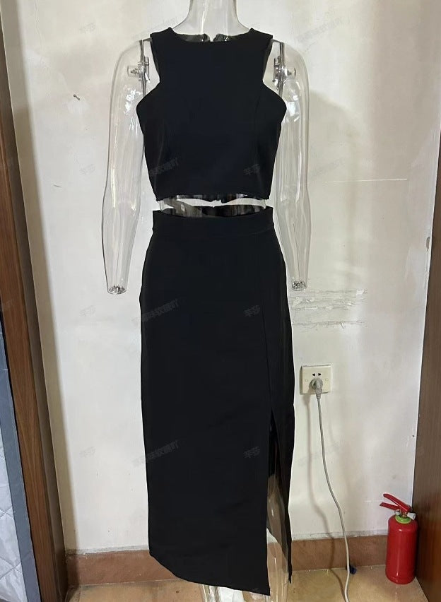 Solid Color Round Neck Sleeveless Top High Waist Slit Skirt Suit - globaltradeleader