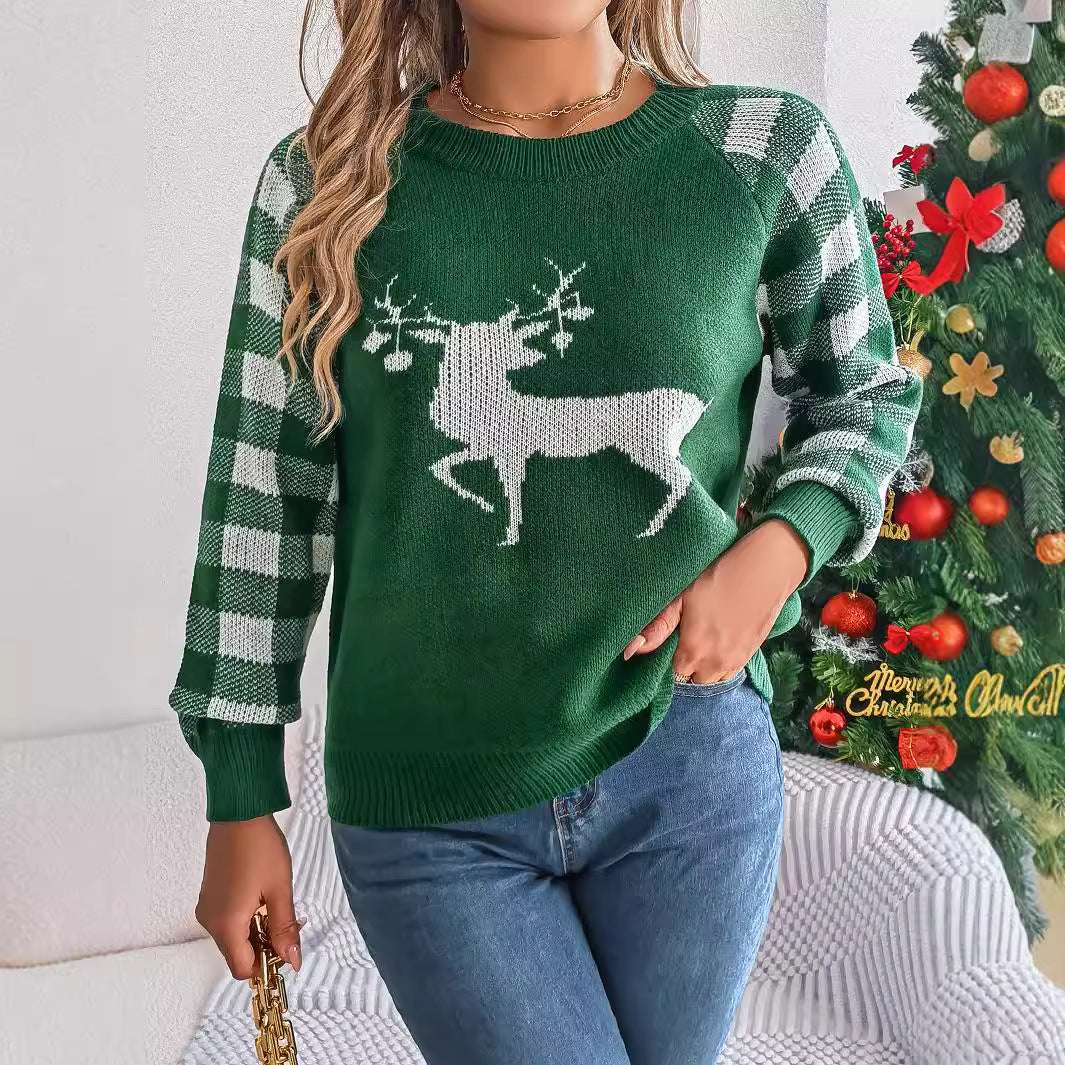 Christmas Women's Casual Plaid Deer Long Sleeve Pullover Sweater - globaltradeleader