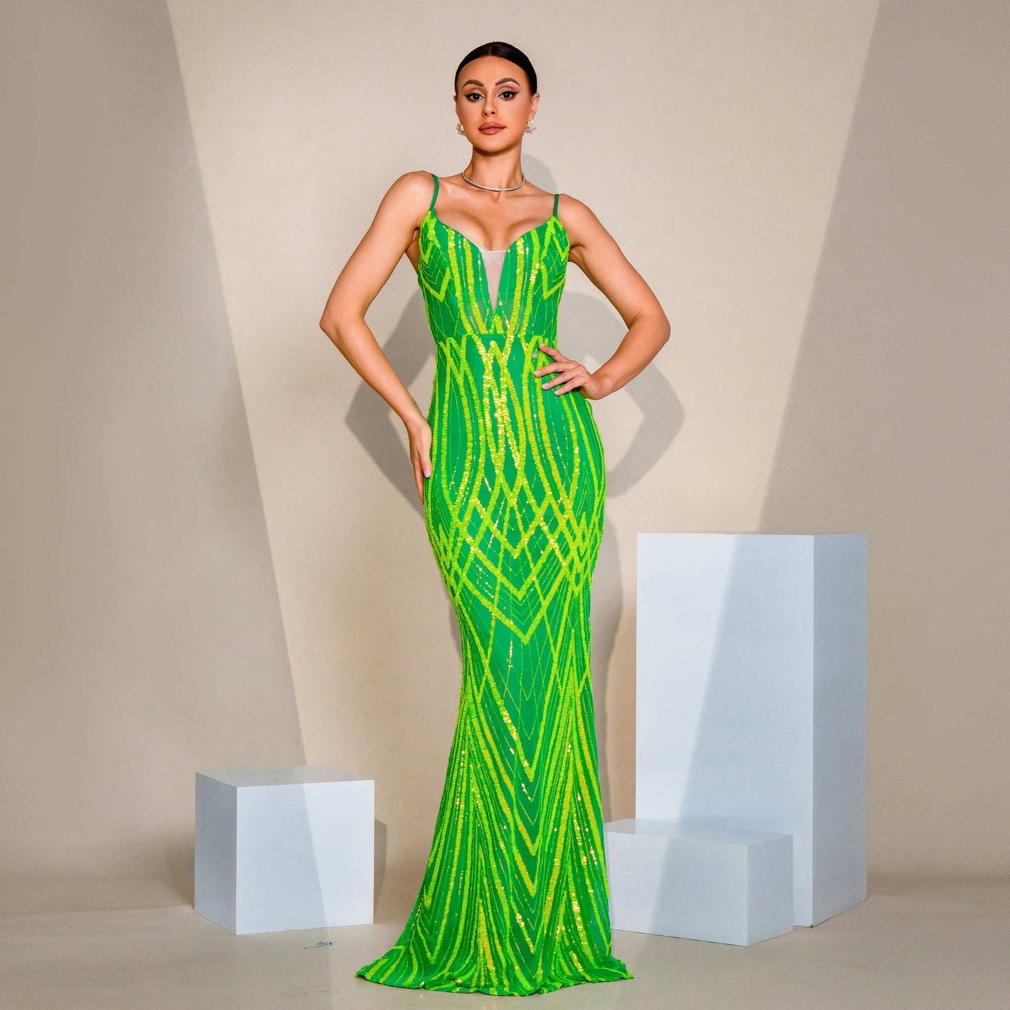 V-neck Strap Sequined Fishtail Evening Dress - globaltradeleader
