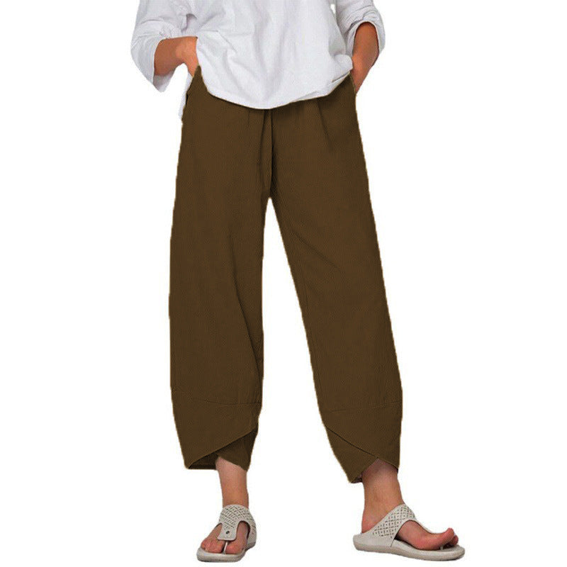 Cotton And Linen Wide Leg Pants Solid Color High Waist Loose Casual Trousers For Women - globaltradeleader