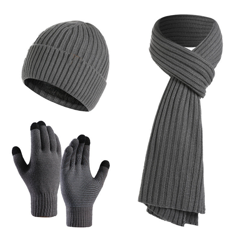Winter Solid Color Scarf Hat Gloves Knitted Three-piece Suit - globaltradeleader