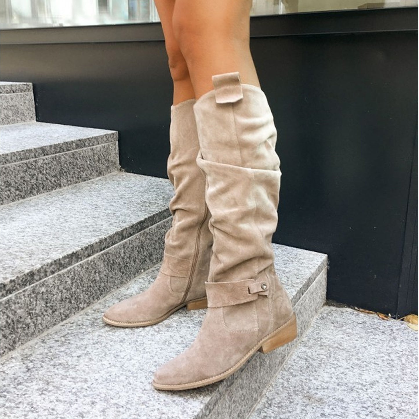 Autumn And Winter Low Heel Side Zipper Suede Women's High Boots - globaltradeleader