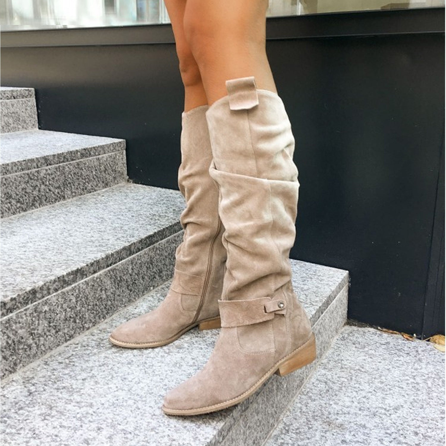 Autumn And Winter Low Heel Side Zipper Suede Women's High Boots - globaltradeleader