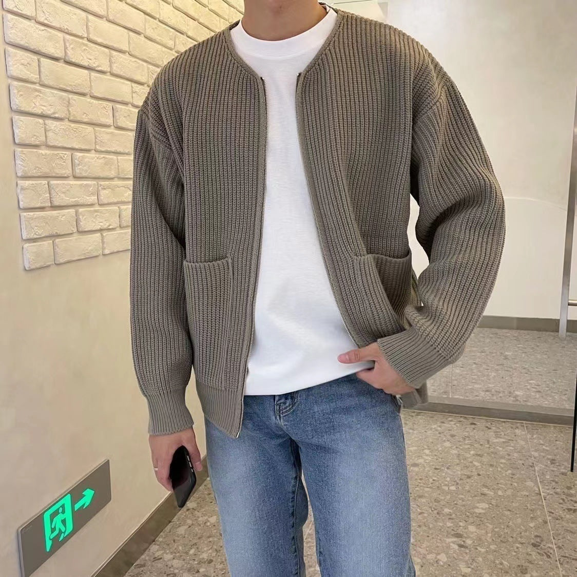 Men Zip Up Knitted Cardigan Lined Funnel Neck Jumper Sweater Pockets Coat All Seasons Comfortable Soft Long Sleeve - globaltradeleader