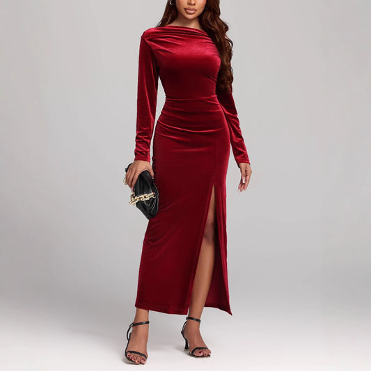 Women's Clothing Slit Formal Dress Pleuche Dress - globaltradeleader
