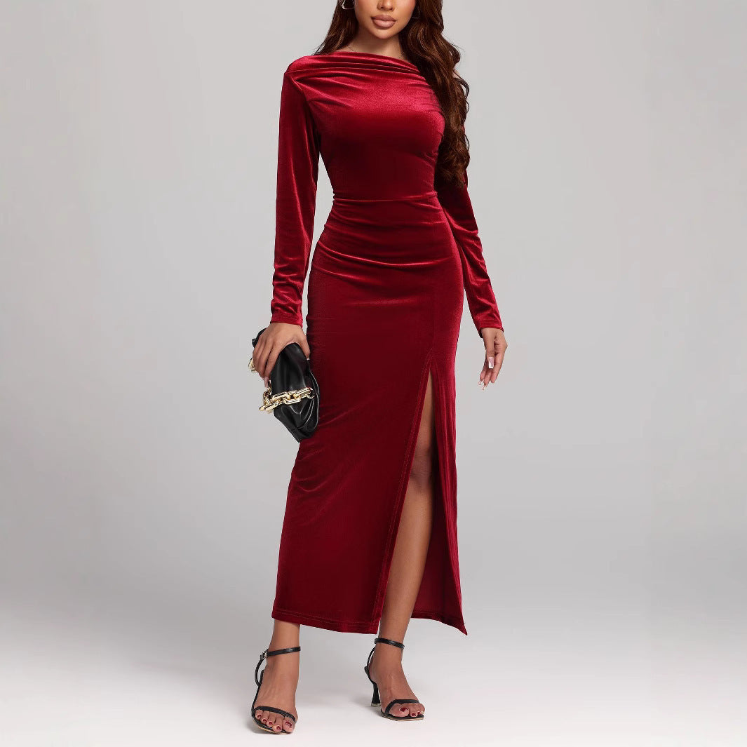Women's Clothing Slit Formal Dress Pleuche Dress - globaltradeleader