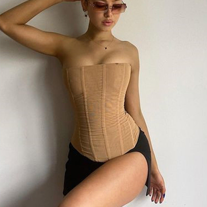 Skinny Sleeveless Tube Top Women Summer New Mesh Crop Corset Tank Party Streetwear Chest - globaltradeleader