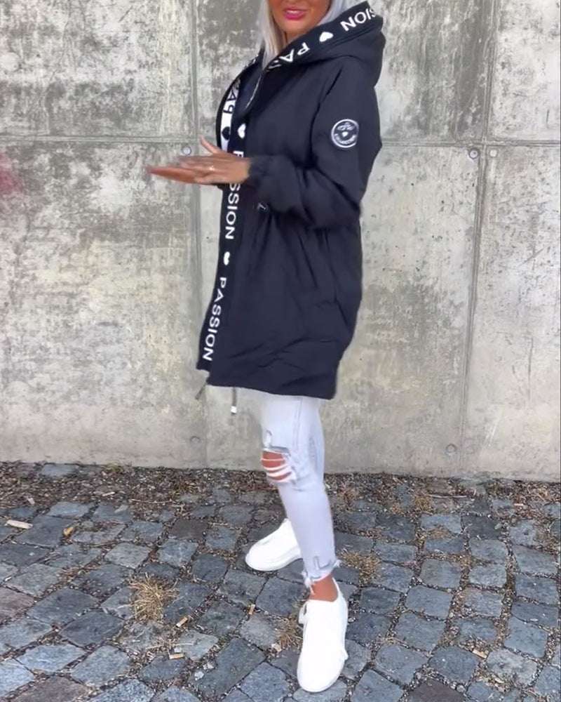 Women's Letter Pocket Hooded Drawstring Zipper Jacket - globaltradeleader