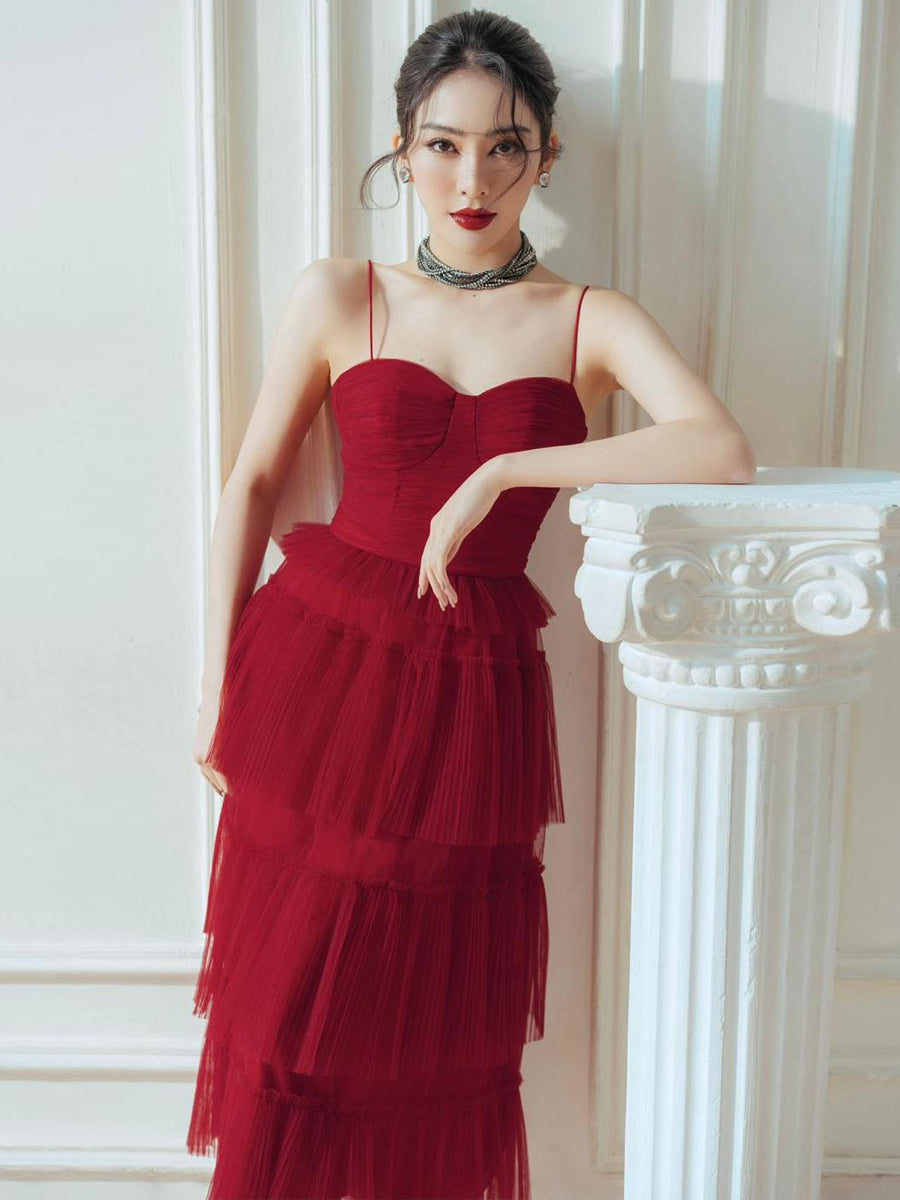 Suspender Spread Chest Temperament Dark Red Flowing Small Dress Long Skirt - globaltradeleader