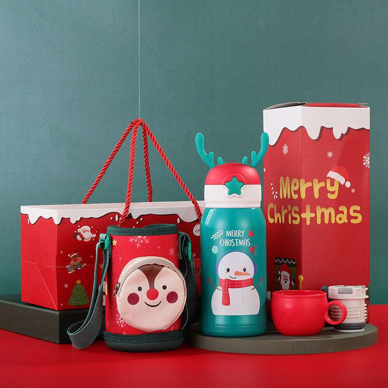 Christmas Gift Vacuum Flask Cartoon Elk Children With Cup Sleeve Bouncing Stainless Steel Double-layer Vacuum Flask
