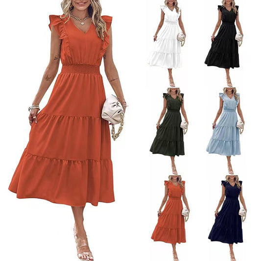 New Ruffled Sleeveless V-Neck Dress Summer Fashion Elastic Waist A-Line Dresses For Womens Clothing - globaltradeleader