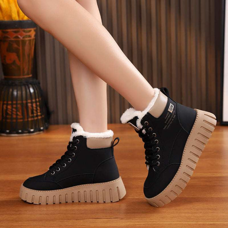 Ins Lace-up Snow Boots Winter Warm Fleece Flat Shoes For Women Fashion Casual Plush Ankle Boot - globaltradeleader