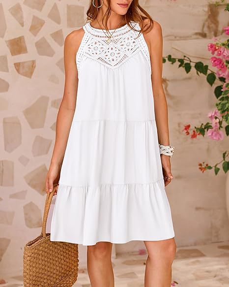 Summer Halterneck A-line Dress With Flower Hollow Lace Design Casual Loose Vacation Beach Dresses For Womens Clothing - globaltradeleader