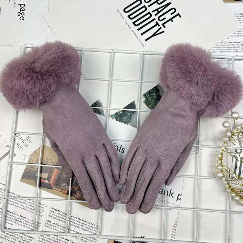 Warm Women's Fur Mouth Winter Riding Fleece-lined Finger Gloves Battery Car Thickened - globaltradeleader