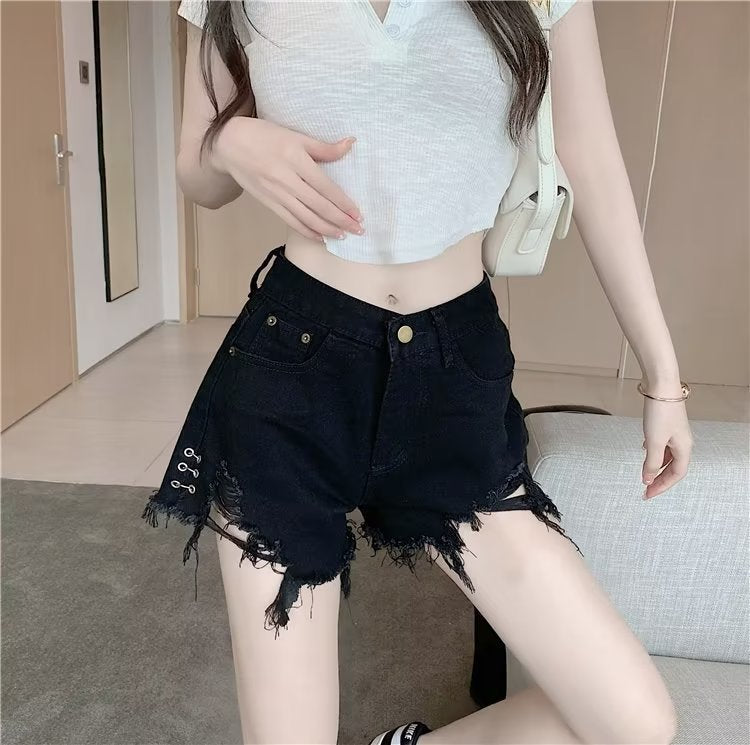 Micro Elastic High Waist Slimming Holes Frayed Vintage Denim Shorts - globaltradeleader