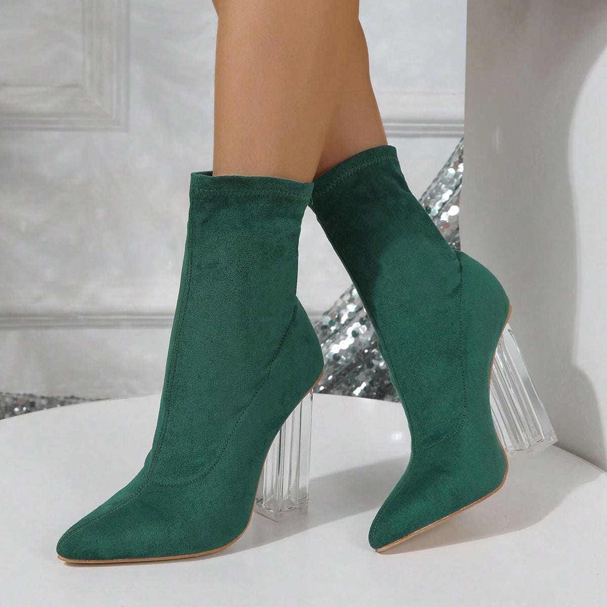 New Crystal Heel Boots Fashion High-heeled Party Shoes For Women Elastic Mid-calf Slim-foot Boots Autumn And Winter - globaltradeleader