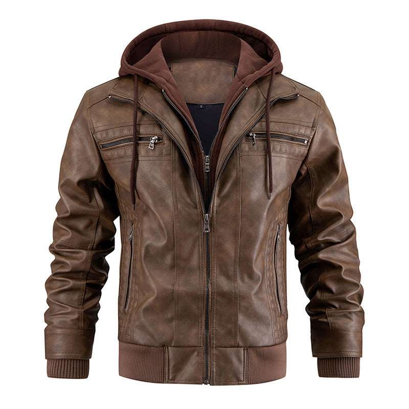 Hooded Jacket With Zipper Pockets Fashion Warm Pu Leather Coat Mens Clothing - globaltradeleader