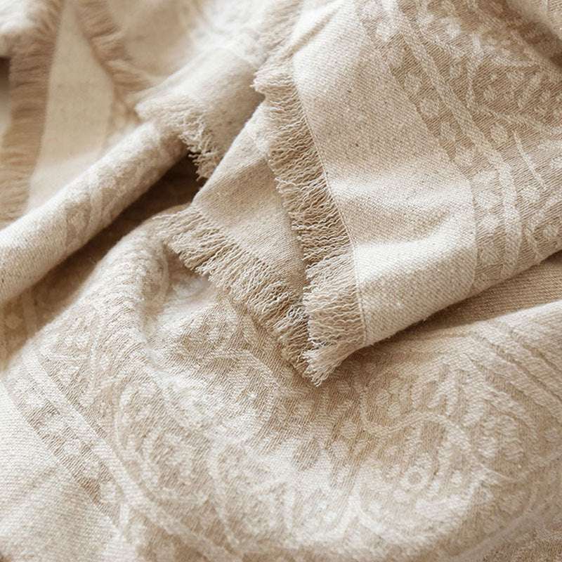 Jacquard Linen Cotton Bamboo Fiber Burrs Tassels Cover Blanket Sofa Tablecloth