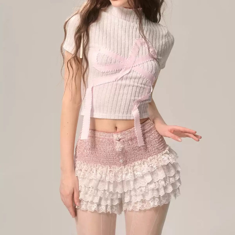 Peach Blossom Bud White French Lace Shorts - globaltradeleader