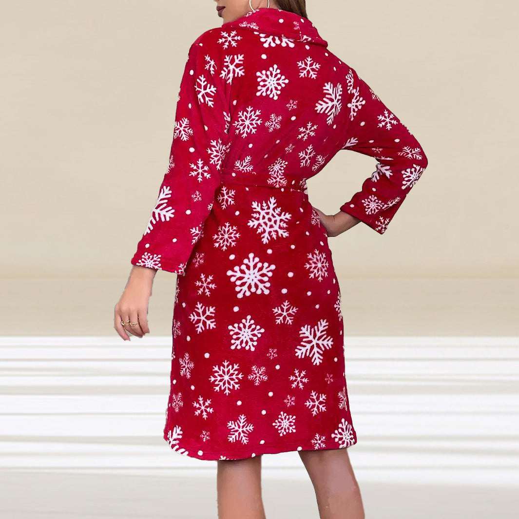 Christmas Snowflake Bathrobe Printed Lace-up Flannel Thick Night-robe