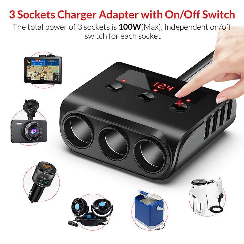 Car High-power Cigarette Lighter Extension Charger 4-port USB Charger