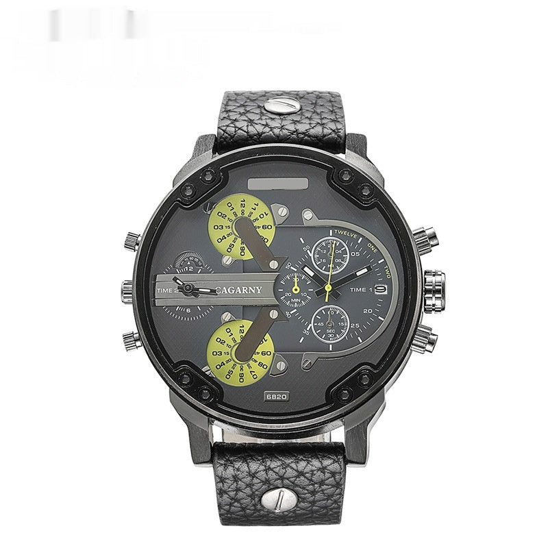 Watch Men's Quartz Watch Double Time Zone Large Dial Black Shell Leather - globaltradeleader